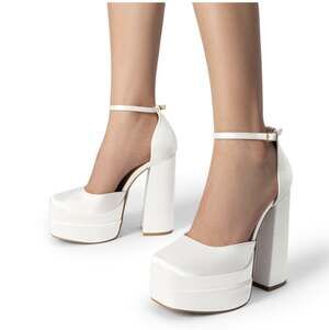 Satin White Ankle Strap Chunky Platform High Heel Close Toe Wedding Pump Shoes